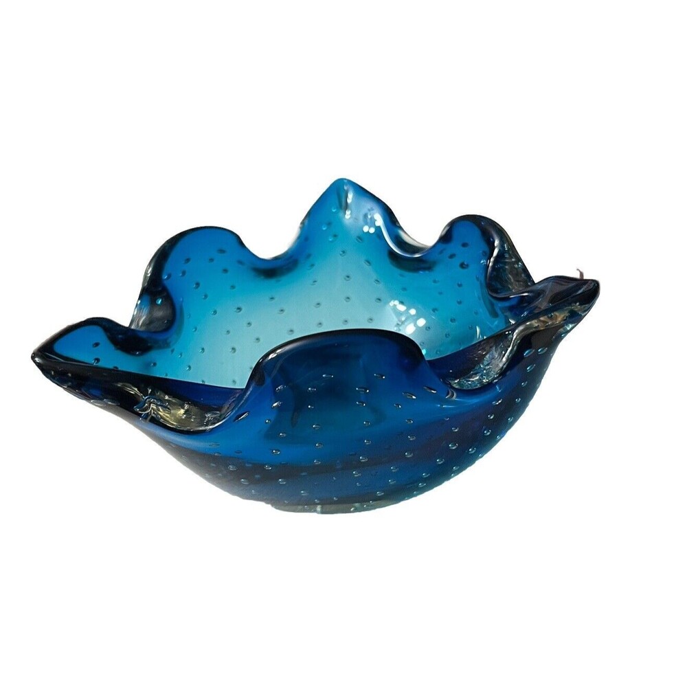Blue Art‎ Glass Bowl Controlled Bubble Trinket Candy Dish MCM Retro Ashtray